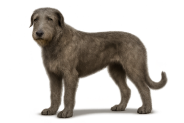 A large, shaggy Irish Wolfhound dog standing isolated on a transparent background