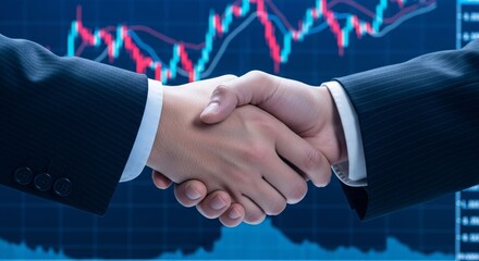 Businessmen shaking hands in front of a stock market trading chart with blue background