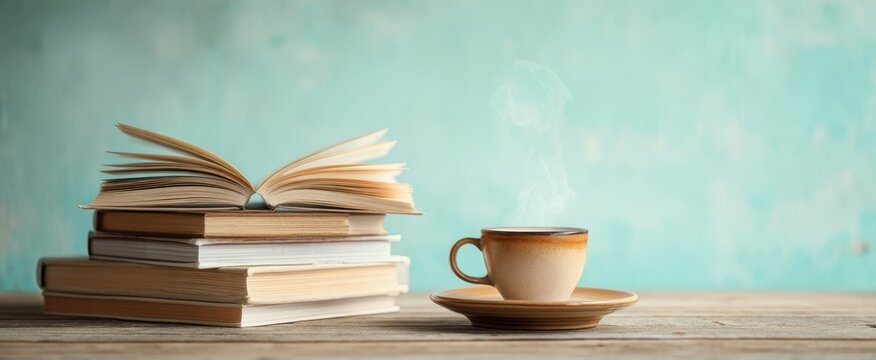 The warm cup of coffee beside an open book on a rustic table.