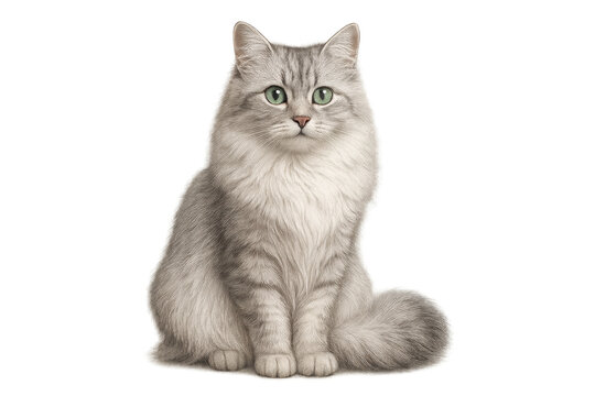 Elegant grey fluffy cat with green eyes, isolated on a transparent background. - Powered by Adobe