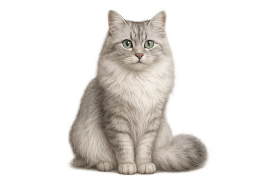 Elegant grey fluffy cat with green eyes, isolated on a transparent background. - Powered by Adobe