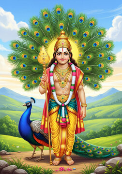 A vibrant depiction of Lord Murugan (Kartikeya) standing with his Vel spear, accompanied by his peacock vahana (vehicle)