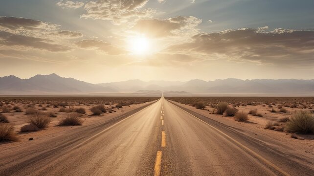 Desert road stretching into the horizon with heat haze and dry cracked terrain