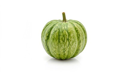 Green striped bitter melon isolated on a white background with a smooth surface and prominent ridges. Vegetable for culinary use and health benefits.