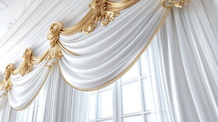 Luxurious white drapes with gold trim adorn a window
