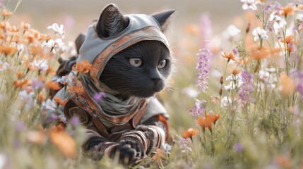 Obraz premium Ninja Cat Resting in a Wildflower Meadow with Calm Eyes and Soft Spring Light