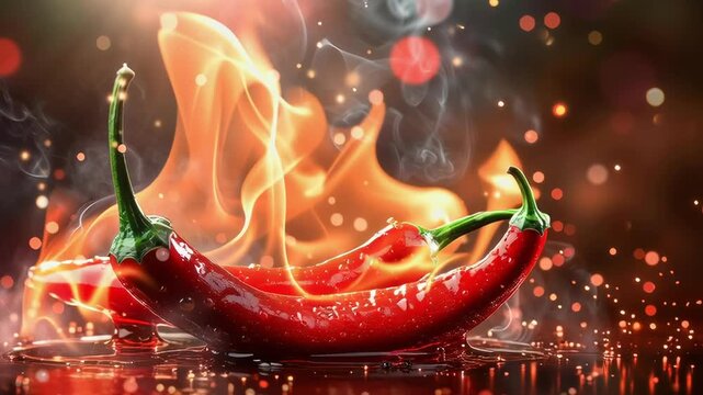 Three red peppers are on a table with a fire burning in the background. The peppers are surrounded by smoke and the fire is creating a dramatic effect