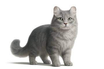 Obraz premium Adorable fluffy grey cat with green eyes isolated on transparent background.