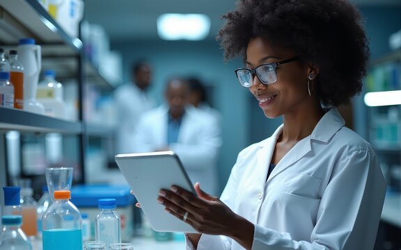 Healthcare, science and black woman with tablet for research, medical report and experiment results. Medicine, laboratory and scientist with digital tech for data analysis, lab study and biotech test
