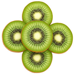 Fototapeta premium Fresh Green Kiwi Slices with Bright Interior and Black Seeds on Transparent Background