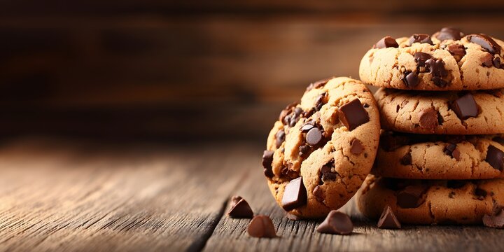 Delicious homemade chocolate chip cookies stacked on a rustic wooden table.