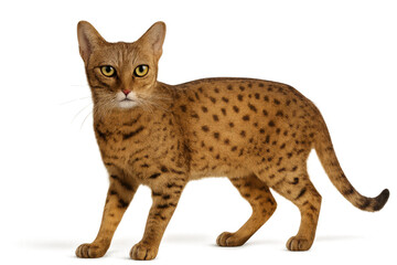 Fototapeta premium An F1 Savannah cat standing and looking at camera, isolated on transparent background.
