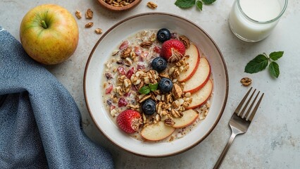 Wholesome bowl of muesli combined with fruit, nuts, and milk for a balanced breakfast with lasting energy