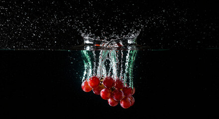 A cluster of red cherries plunges into water, creating a splash and bubbles against a stark black background.