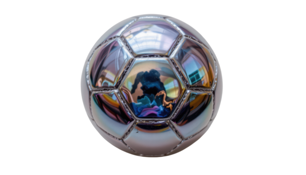 a shiny, metallic soccer ball with a reflective surface, displaying a mirrored pattern of lines, shapes, and colors that resemble an abstract representation of a room or an enclosed space