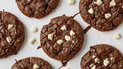 Freshly baked chocolate cookies containing white chocolate bits accompanied by a smooth milk chocolate topping