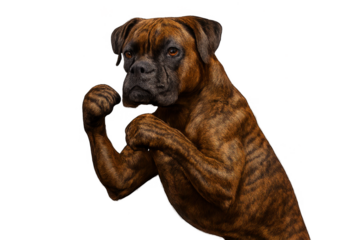 Brindle Boxer dog in playful boxing stance, isolated on transparent background.