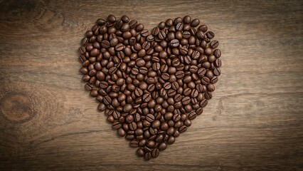 Coffee beans shaped like a heart on a wooden surface