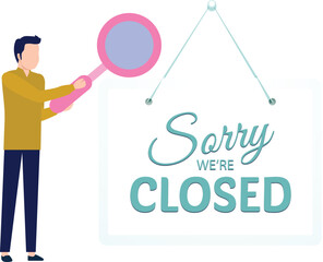 The boy is apologizing for the store being closed.