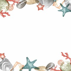 Vacation by the sea. Watercolor square template for social media posts. Frame of sea stones and stars, shells, corals and pearls. Hand-drawn illustration on white background for your design