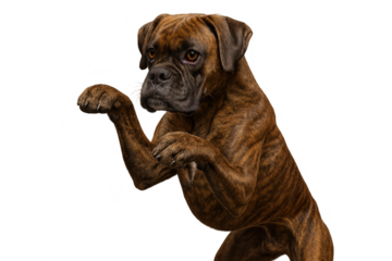 Alert brindle Boxer dog standing on hind legs, isolated on a transparent background.
