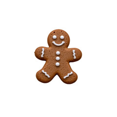 a single gingerbread cookie designed to resemble a person, characterized by its smiling face with button eyes and a small mouth, representing a cheerful figure