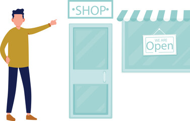 The boy puts up an open board in front of his store.