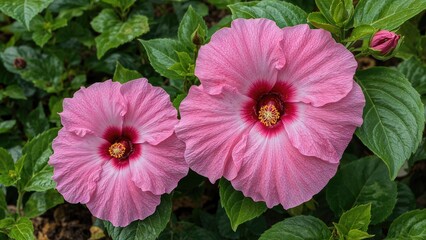 During September, Hibiscus syriacus 'Woodbridge' showcases big pink-purple flowers highlighted by red centers.