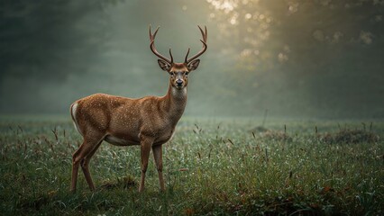 Fototapeta premium Mating season scene with a female red deer on a foggy forest meadow, highlighting wildlife in their natural surroundings