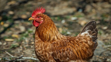 Fototapeta premium Farmyard hen featuring a red headpiece and brown feathers standing in habitat