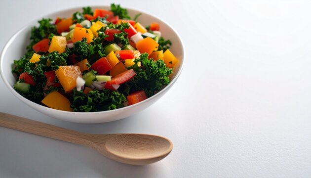 Colorful kale salad with fresh vegetables. Perfect for healthy eating promotions and vegetarian recipe content. Bright, clean, and inviting for a food-focused campaign.