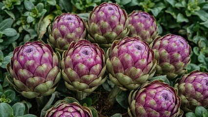 Fototapeta premium Organic artichoke flowers and purple romanesco edible vegetables available in market