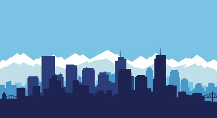 Colorado city skyline, bathed in daylight, presents majestic mountain backdrop and urban silhouettes, creating a serene daytime scene.