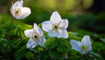 Fototapeta premium delicate white flowers blooming in a lush green setting