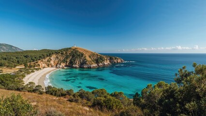 Fototapeta premium Summer travel scene with sea, sky, and lush hillside