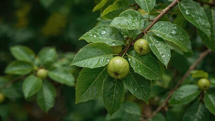 Twig with guava leaves wet from rain
