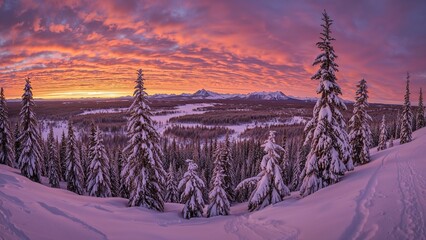 Majestic winter forest covered in fresh snow during vibrant sunset with dramatic clouds and panoramic mountain view, perfect for seasonal landscapes and travel themes


