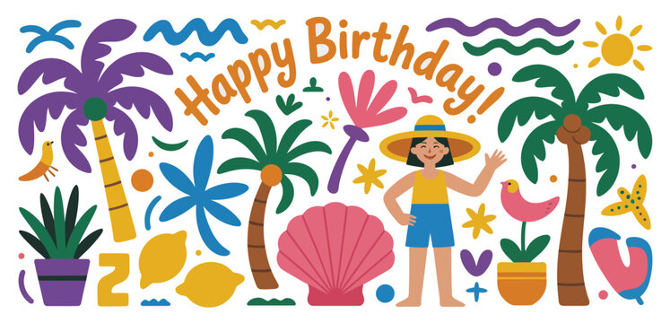 happy birthday tropical celebration with flamingo, palm trees, seashells, abstract shapes, person waving, flower - Powered by Adobe