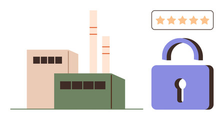 Industrial facility with two chimneys next to a padlock symbol and a five-star rating bar. Ideal for manufacturing, security protocols, quality assurance, compliance, industry standards, safety