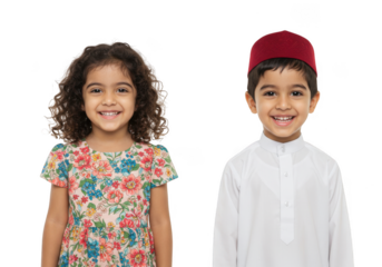 Two smiling muslim children isolated on transparent background