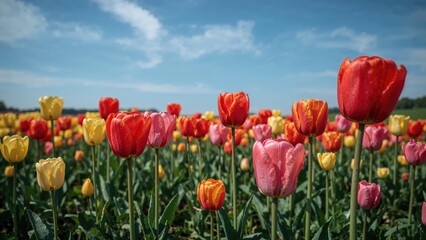 Obraz premium Tulip blossoms spread across a field in the spring season