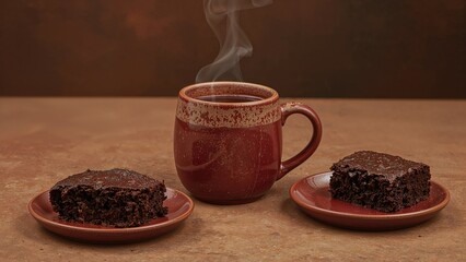 Handcrafted rustic pottery cup and bowl containing mulled wine with a pair of cake servings on ceramic plates