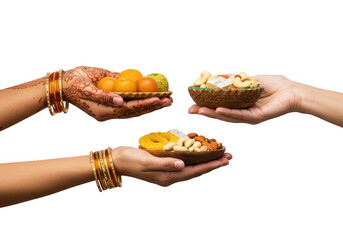 Hands offering traditional indian sweets isolated on transparent background