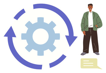 Gear enclosed by circular arrows symbolizing workflow, man standing with casual attire, and chat bubble. Ideal for technology, collaboration, communication, efficiency, innovation, progress
