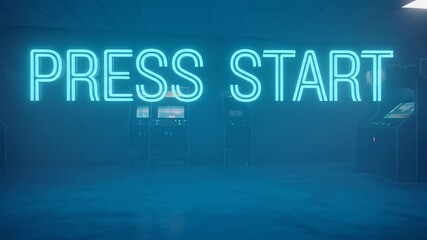 Step into the retro arcade with this cool neon Press Start sign and classic gaming cabinets, an invitation to relive the golden age of video games. - Powered by Adobe