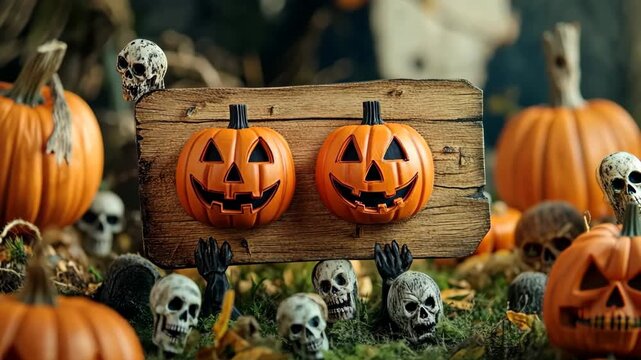 Generative AI. Halloween-themed display featuring two carved pumpkins with smiling faces, surrounded by decorative skulls and autumn foliage, creating a festive and spooky atmosphere