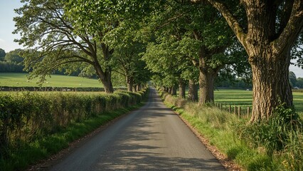 Fototapeta premium Countryside lane flanked by shrubbery and sheep grazing