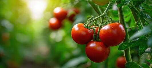 The vibrant red tomatoes growing on the vine in a lush garden setting.
