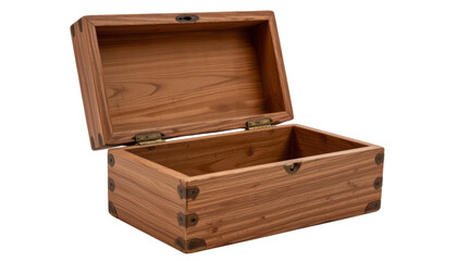 an open wooden chest with visible drawers, placed against a neutral background. it is positioned at...