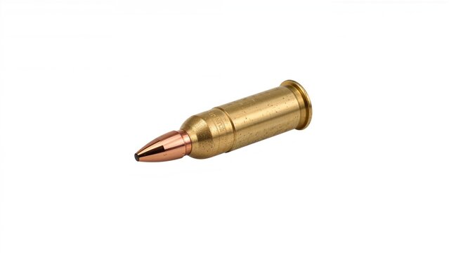 Detailed view of a single 30-06 caliber ammunition round with a brass casing and copper-tipped bullet isolated on a white background